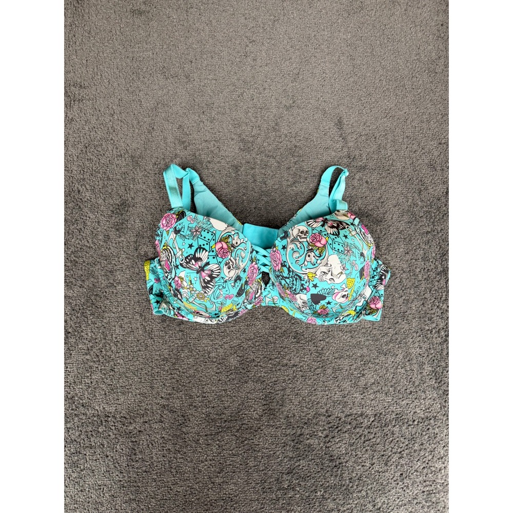Torrid Curve Tattoo Print Push Up Bra 44D Teal Skull Mermaid Rose Lace Up
